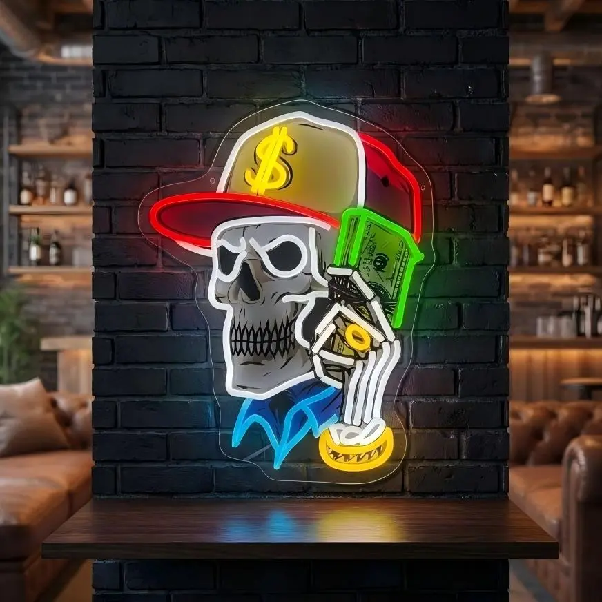 Money Gangster Skull Neon Light - UV Print Neon Pop Sign, Alternative Artistic Novelty Lighting for Game Room, Bar, Unique Room Decor by summerwins