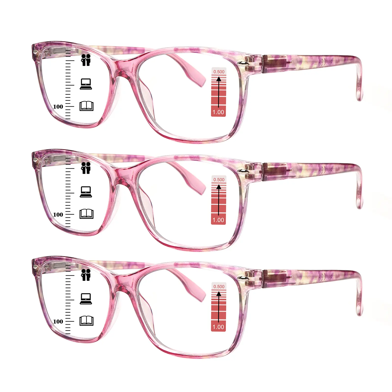 3-Pack Women's Progressive Readers, High Quality Bluelight Blocking Eyewear with Stylish Large Pink Plastic & Metal Frame, Spring Hinges, Gift for Family, High Quality Eyewear, Shopping, Polycarbonate, Pc