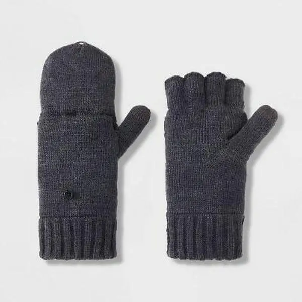 Men's Convertible Mittens - Goodfellow & Co™ Charcoal Gray, Acrylic Fabric, Solid Knit, Fleece Lined, Cold Weather, Keep Warm
