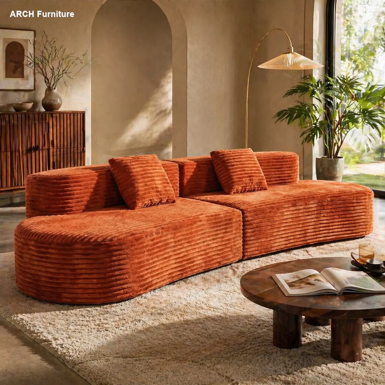 ARCH 108.6 Inch Curved Combination Sofa with Modern Cloud Pattern Design, Frameless Compression Technology, Includes Two Pillows, Ideal for Living Room or Office, Large Sectional Couch, No Frame Needed, 108.6in, Sofa Couch Seating Furniture