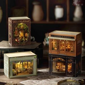 fantasy magic cube series miniature dollhouse cabin, 1 box creative home bedroom decoration, wooden handmade 3d puzzle model toy with led lighting, craft mystery boxes, miniature doll furniture, house accessories home decor, gift for mom, miniature set
