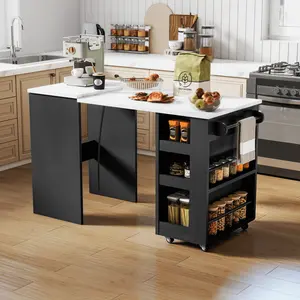 Space-Saving Multi-Purpose Rolling Desk - Foldable Kitchen Island Table with Storage for Dining, Food Prep & Home Office Tasks