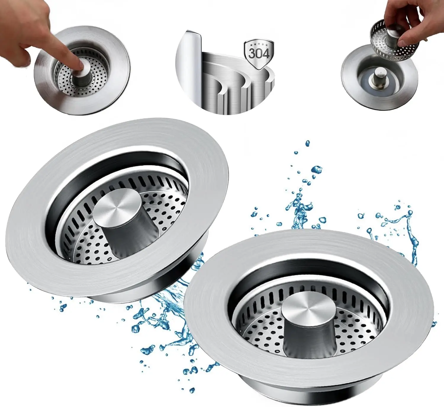 2025 Upgraded 3-in-1 Kitchen Sink DrainStrainer, 304 Stainless Steel Sink Plug SinkStopper, Deodorizing Anti-Clog Basket Strainerfor US Standard 3-1/2 Inch Drains drain  cover