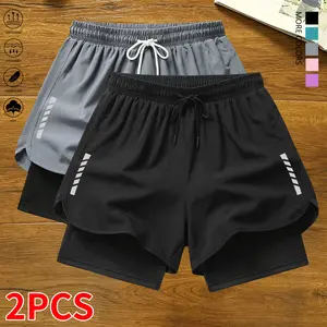 Set of 2 women’s casual athletic shorts with striped print, built-in lining, drawstring, and elastic waistband — suitable for workouts, running, and casual wear; lightweight summer shorts, women’s clothing, summer womenswear, summer apparel