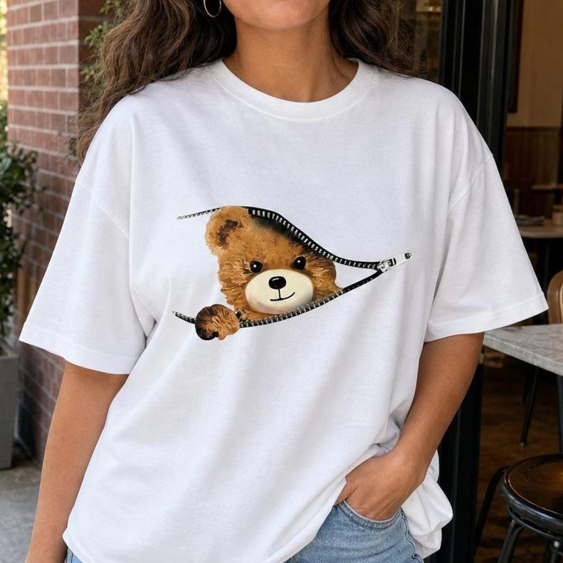 Women's 100% Cotton Short-Sleeve Crew Neck Drop Shoulder Loose Oversize Tops, Animal Graphic with Peeking Teddy Bear Zipper, Casual Short Sleeve Tops