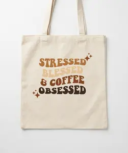 [Ship From US] - Stressed Blessed & Coffee Obsessed Tote Bag – Funny Coffee Lover Canvas Tote, Aesthetic Reusable Shopping Bag