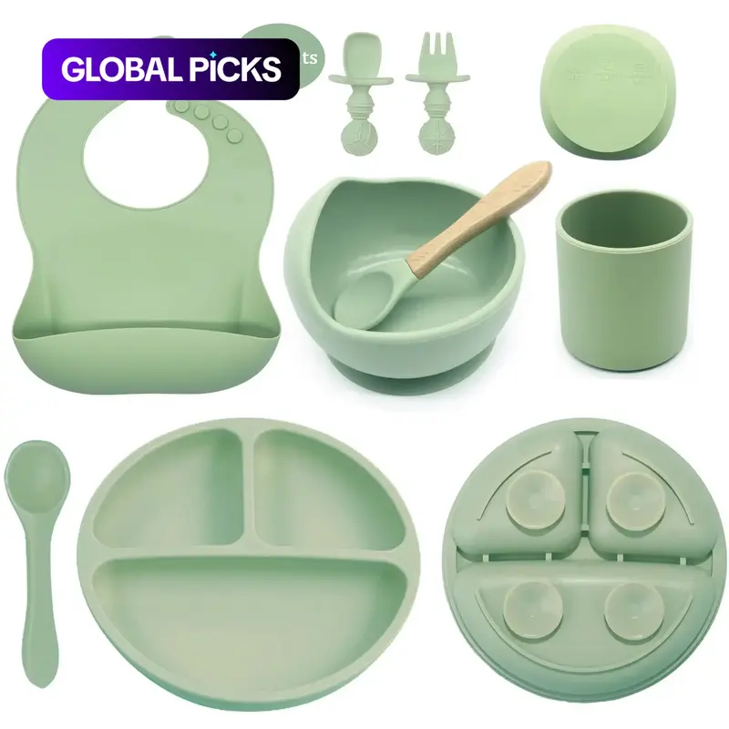 Solid Color Silicone Baby Feeding Set, Feeding Essentials Kit, 8-Piece Spoon, Fork, and Bowl Dinnerware Set for Toddlers, Soft Food-Grade Utensils #GLOBAL PICKS
