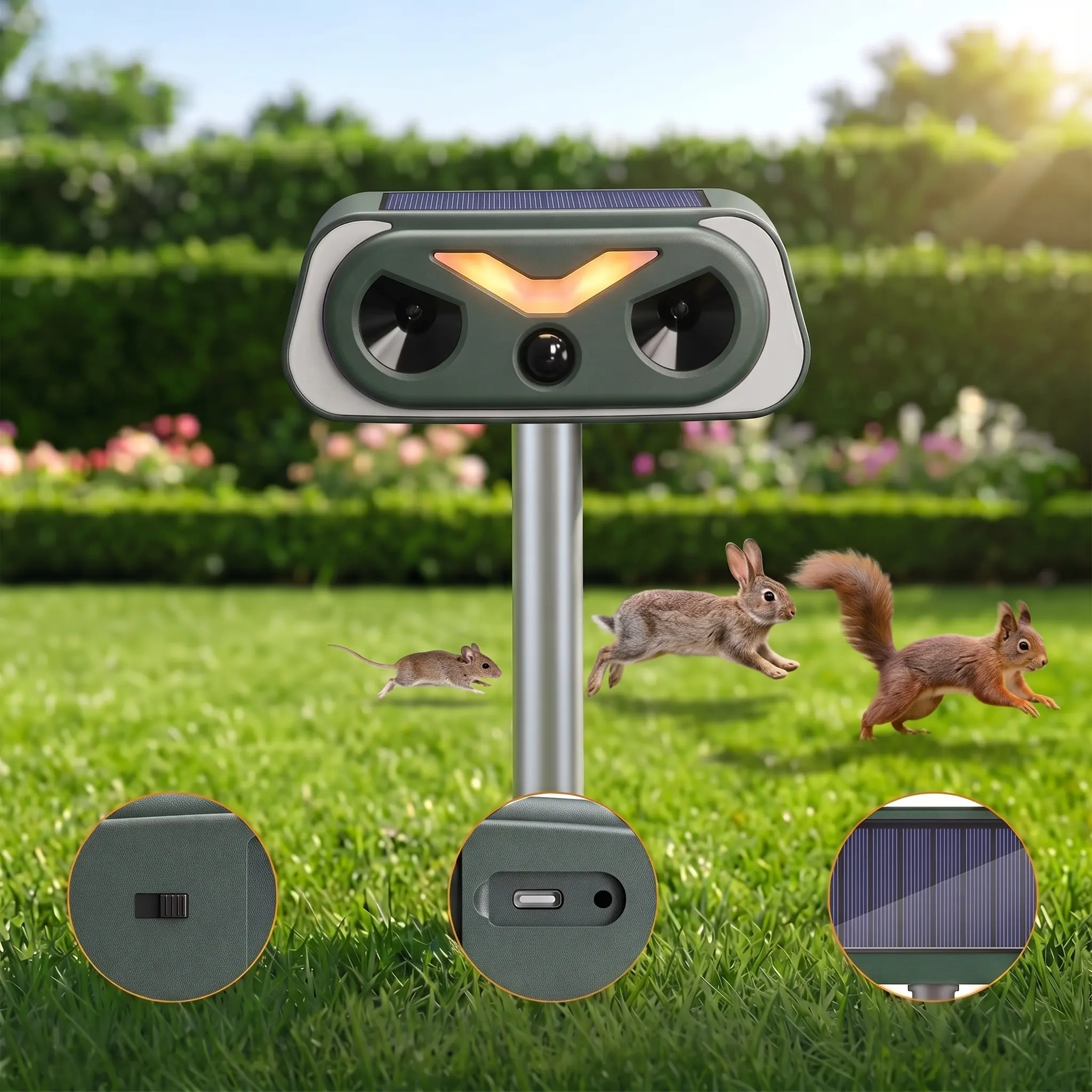Solar Ultrasonic Animal Repeller - Waterproof Outdoor Dog & Cat Training Aid with PIR Motion Detection, Motion Sensor Lights, Solar Charging, ABS Plastic; Ideal for 9-10 Inches Above Ground Placement for Raccoons