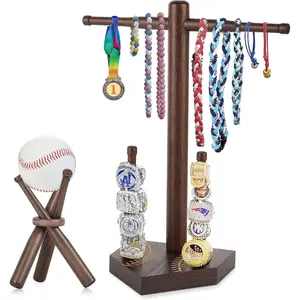 Baseball Ring & Drip Necklace Holder, Wooden Baseball or Softball Ring Display Holder with Baseball Stand, Baseball Accessories Decor, Men  for Baseball Players and Lovers