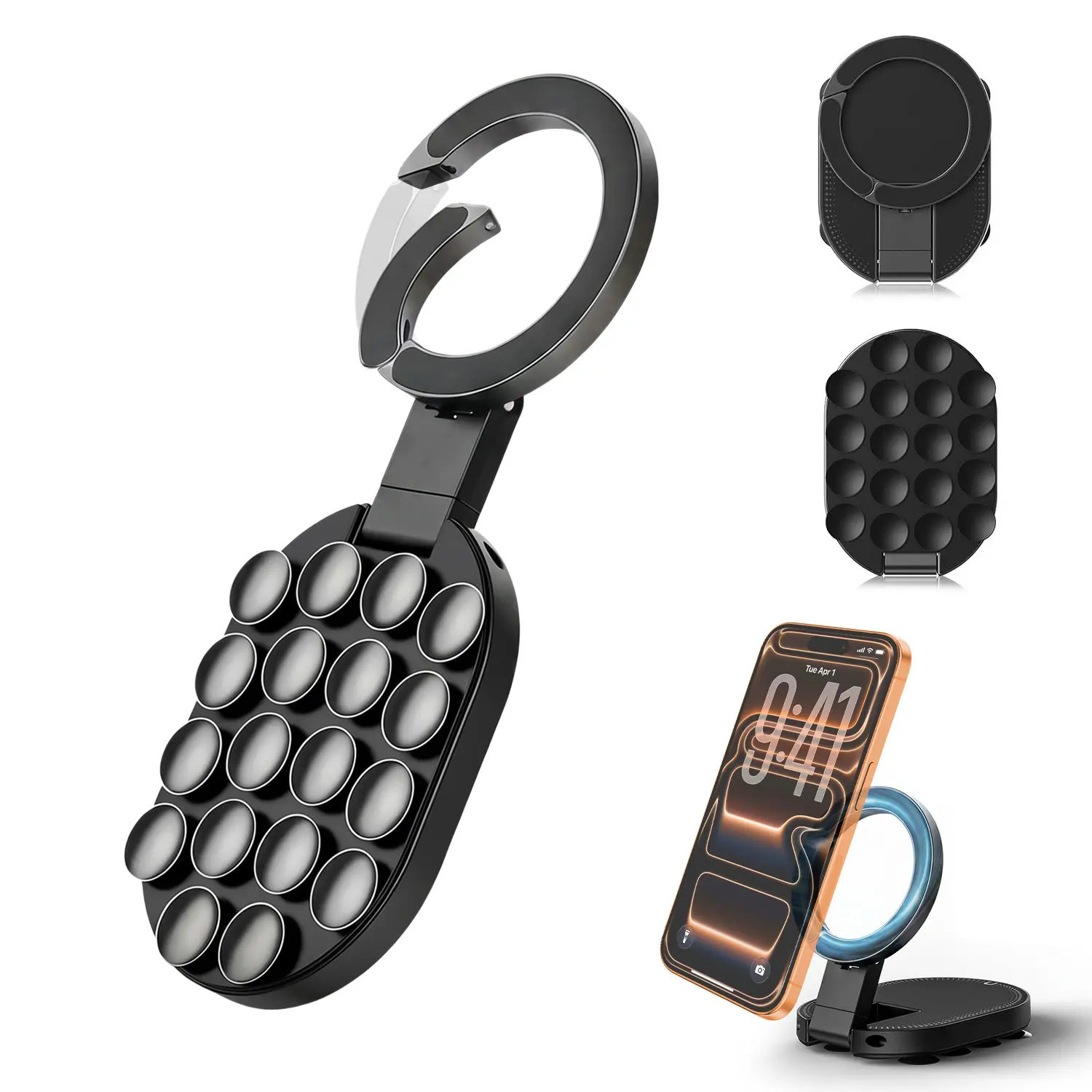 3-in-1 Magnetic Suction Phone Holder for MagSafe, Foldable 360° Rotating Phone Mount with 18 Suction Cups & Magnetic Base, Portable Desktop, Laptop and Mirror Stand for iPhone & Smartphones