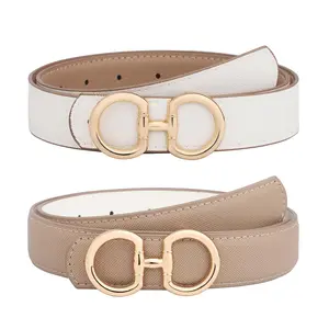 Reversible Belt for Women Two-in-One Fashion Golden Buckle Leather Belt for Jeans Dresses with Puncher