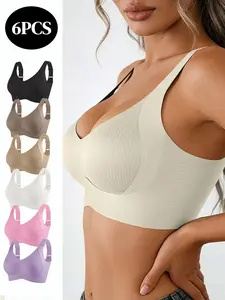 6 Pack V Neck Ribbed Bralettes for Women - Seamless, Wireless & Foldable Jelly Bras with Soft Lift for Daily Wear, Gym & Lounge