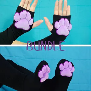 Black Thigh High Cat Paw Socks & Glove Set– Purple Plush Paw Pads