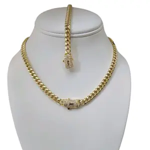 Unisex 2-Piece Vacuum-Gold Plated 14 Karat Hypoallergenic Link Chain Set - Gold Necklace Women, 5A+ Canada Zircon CZ Bracelet, Cuban Links, Mexico & Micro Chain Design Buckle, Adjustable Length, Daily Wear, Valentine's Gift