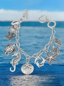 Ocean Charm Bracelet for Men & Women, Silver Color Metal Chain with Turtle Starfish Shell Seahorse Dolphin Pendants, Adjustable Beach Jewelry, Adjustable Bangle, Fashionable Bangle