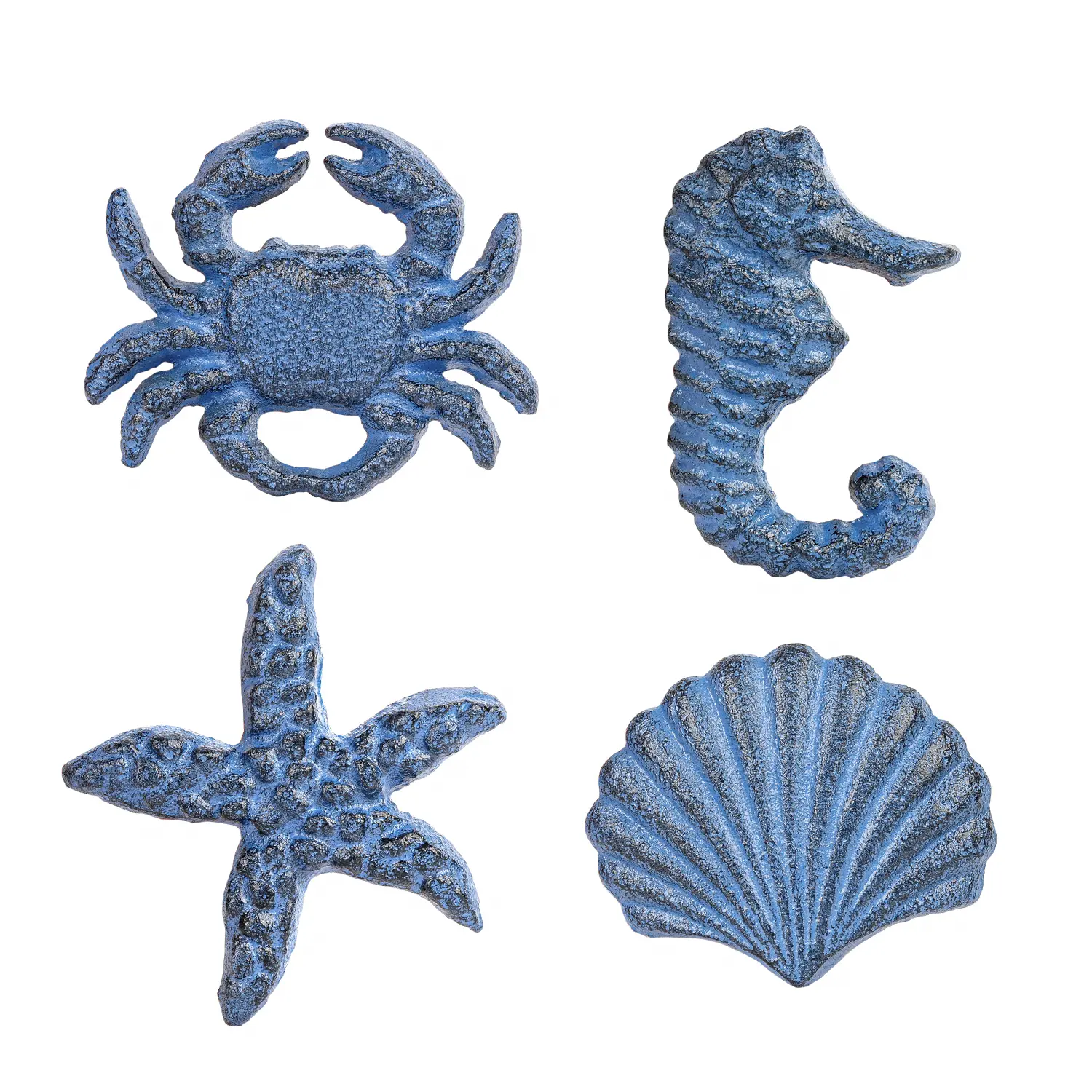 Sungmor Antique Blue/White Nautical Cast Iron Drawer Pulls - 4 Pcs Crab, Starfish, Seahorse, Seashell-Shaped Cabinet Doorknobs, Marine Theme Door Handles, Crabs