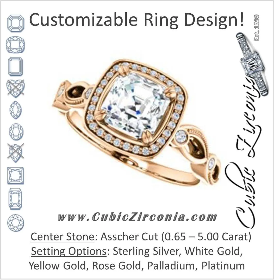 Cubic Zirconia Engagement Ring- The Angela (Customizable Whimsical Sculpture Halo-Style with Asscher Center)
