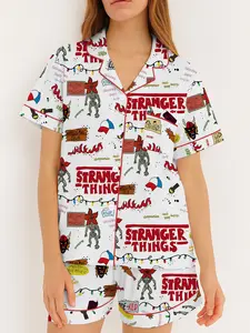 Stranger Things Women's Sleepwear Pajamas Set Pjs, Two-Piece Button Front Fitted Short Sleeve Print Top and Shorts, Casual Home Wear Loungewear, Comfortable Party Homewear