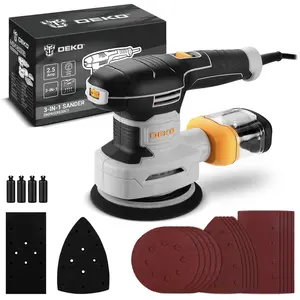 DEKO 300W 3-in-1 Orbital Sander, 6 Adjustable Speeds (7000-13000 RPM), with Dust Collection Box, 3 Hook-and-Loop Pads, and 15 Sandpapers, Quick Sandpaper Replacement, Suitable for Woodworking, Home Improvement, and DIY Projects fathersdaygift