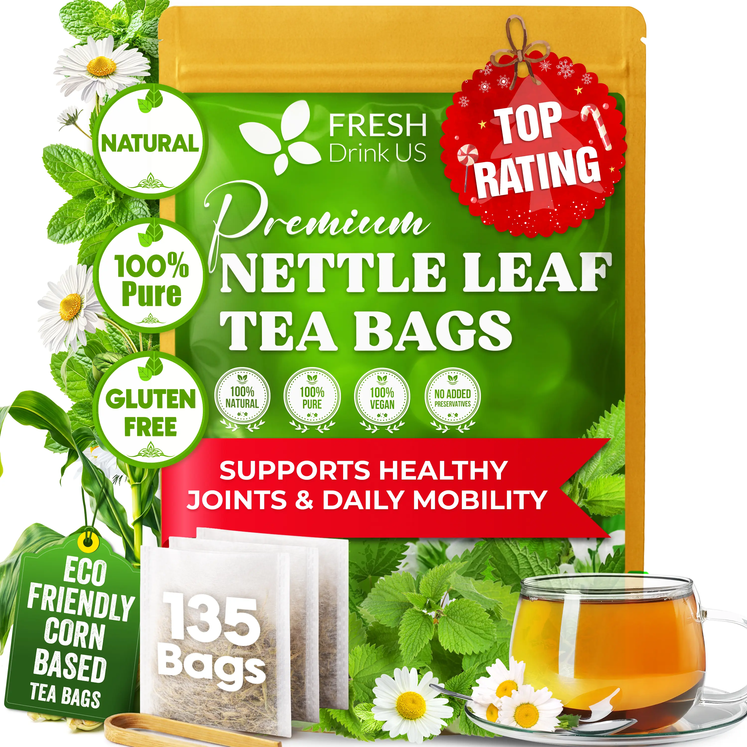 【FreshDrinkUS】 Premium Nettle Leaf Tea Bags, 100% Natural & Pure from Nettle Leaves. Loose Leaf Nettle Herbal Tea. Nettle Leaf Tea. No Sugar, No Caffeine, No Gluten, Vegan. Beverage