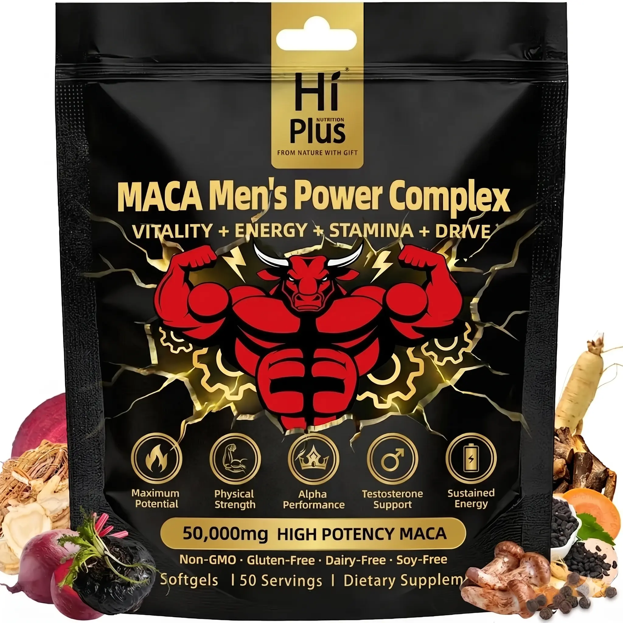 HiPlus Shilajit Maca Complex 50000mg for Men Energy Stamina Endurance Vitality Performance Support Ashwagandha Ginseng 150 Softgels