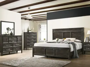 Andover 00-677B-4PC 4 pc Nutmeg Brown Finish Wood Modern Rustic Style Paneled Headboard Queen Bed Set with Nightstand Dresser & Mirror