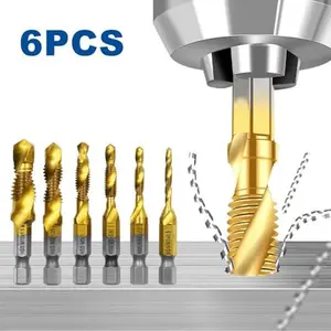 6pcs HSS Combination Drill and Tap Set 1/4 Inch Hex Shank Screw Tapping Bit Titanium Coated Tap Drill Bit M3 M4 M5 M6 M8 M10