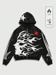Y2K Vintage Flame Side Face Print Zip Hoodie, Streetwear Star Element Warm Hooded Sweatshirt, Fall & Winter Essential