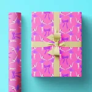 Pink Ballerina Wrapping Paper with Sugarplum Fairy Illustrations, Nutcracker Ballet Themed Gift Wrap with Purple Ribbons