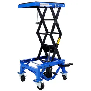 Motorcycle Lift Table Jack 300 LBS Heavy Duty Hydraulic Motorcycle Scissor Jack Lifts Table Foot Pedal with 4 Caster Wheels Wide Deck for Motorbike Dirt Bike ATV Garage Repair Tool, Blue