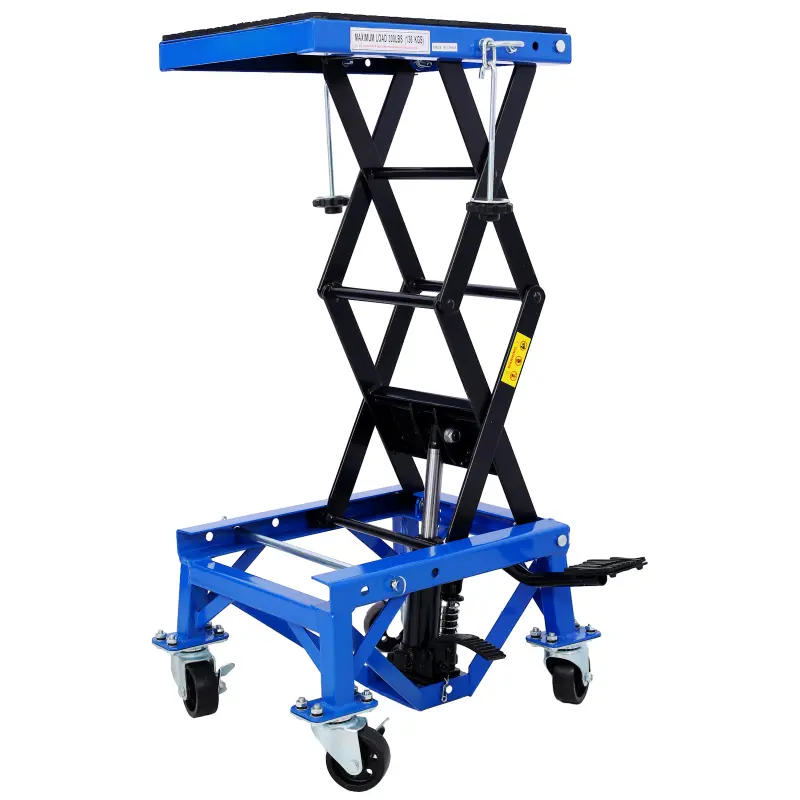 Motorcycle Lift Table Jack 300 LBS Heavy Duty Hydraulic Motorcycle Scissor Jack Lifts Table Foot Pedal with 4 Caster Wheels Wide Deck for Motorbike Dirt Bike ATV Garage Repair Tool, Blue