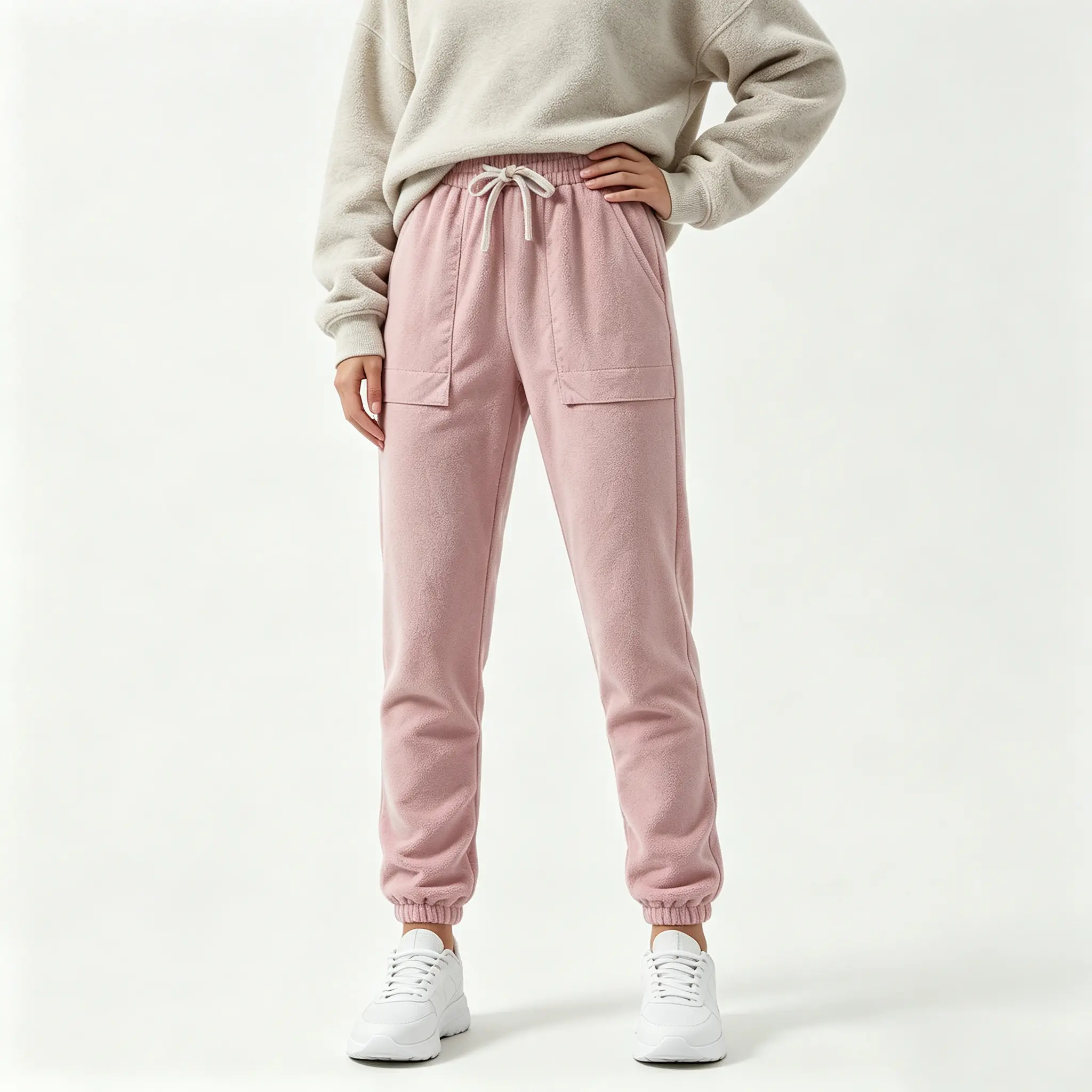 Women’s fleece-lined, thickened sweatpants for autumn/winter with large pockets and drawstring cuffs; loose high-waisted design, windproof and warm—ideal for outdoor workouts, commuting, versatile casual wear.