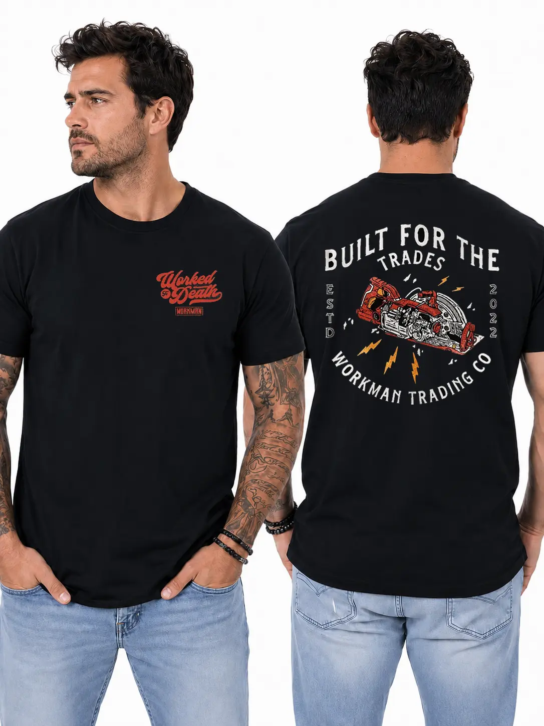 Circular Saw Tradesman T-Shirt, Cutaway Power Tool & Lightning Graphic Design, Blue Collar Work Shirt for Carpenters, Contractors & Construction Workers, Gift for Skilled Tradesmen