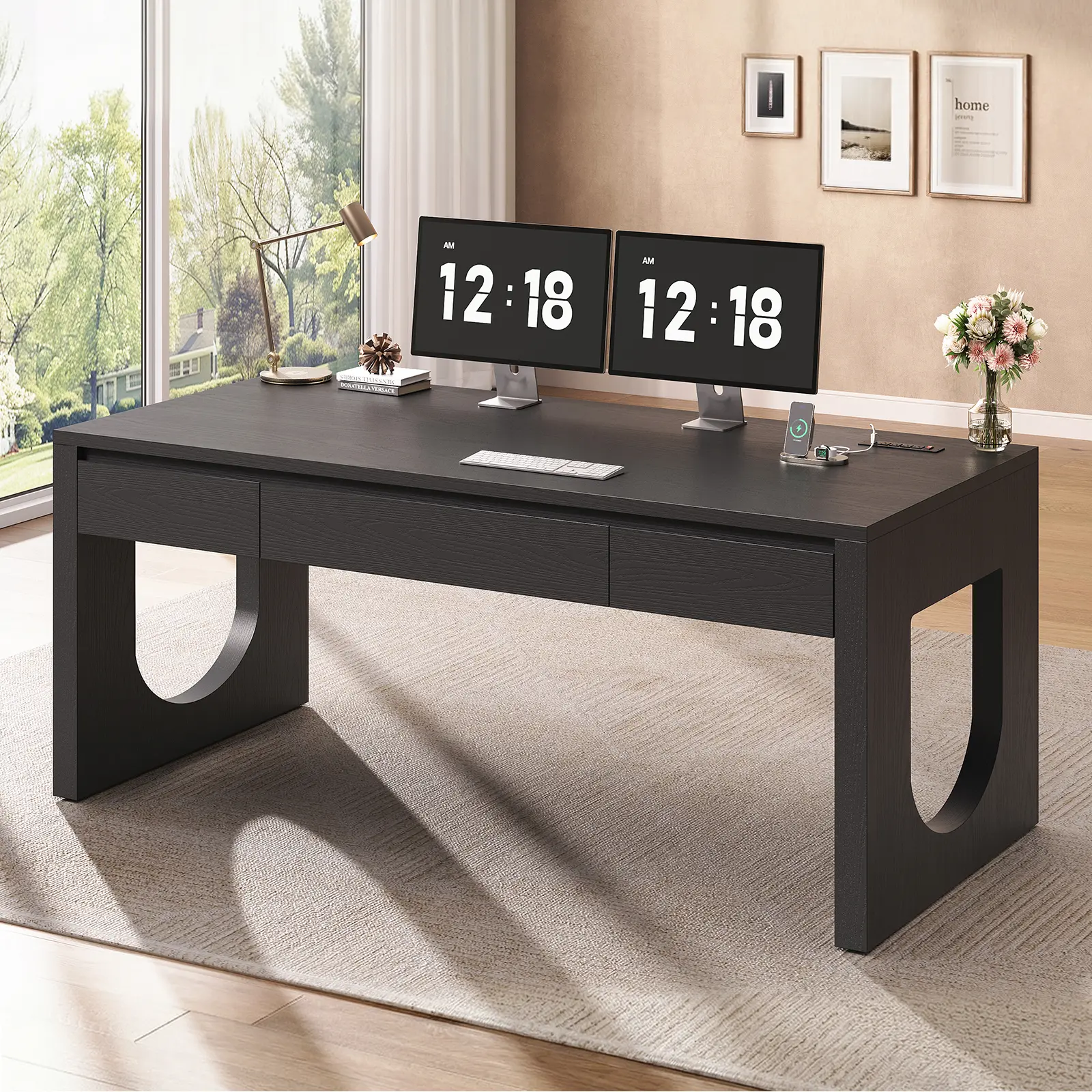 Sedeta 55-in Modern Executive Laptop Desk - Solid U-Leg Wood-Metal Frame, 3 Drawers, Built-in Power Outlets, Embossed Grain, Large Desk for Home & Commercial Office Furniture Use, Built-In Outlets Desks