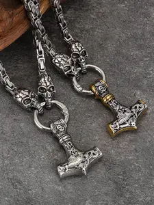 Men's Viking Thor Hammer Skull Chain Necklace, Vintage Nordic Mythology Pendant, Titanium Steel Street Style Trendy Jewelry
