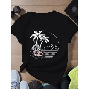 Two White Palm Trees Women's Sports Short Sleeve T-Shirt, Beautiful and Fun Pattern, Soft and Silky Fabric Loose and Stylish T-Shirt, Women's T-Shirt