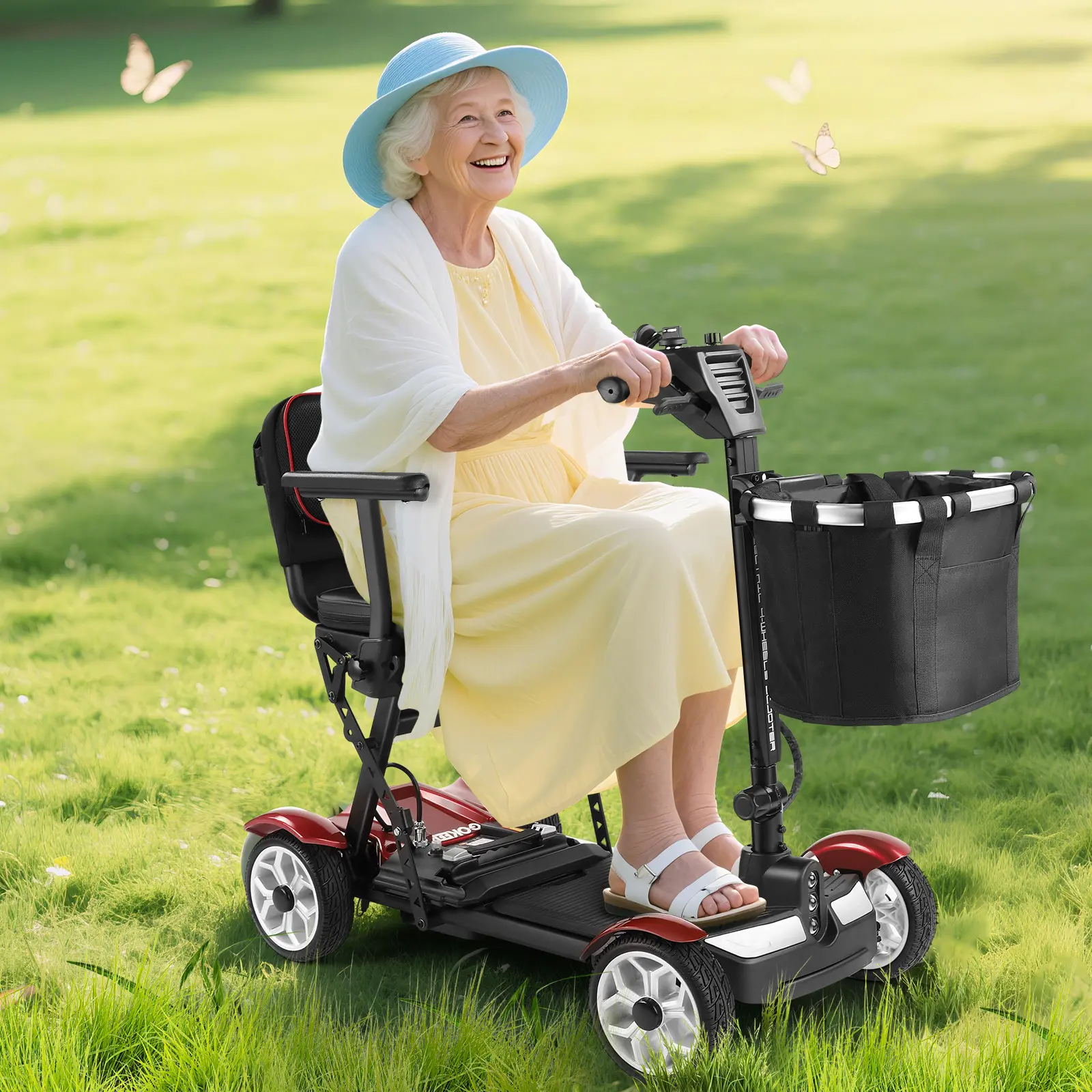 4-Wheel Foldable Portable Electric Mobility Scooter for Seniors & Adults, 35-mi Long Range, Detachable Battery, Front Storage Basket, LED Lights, 300-LBS Weight Capacity, Mobility Aid, Compact, Unisex, Aluminum Frame, Front Basket, Multifunctional, Parkin