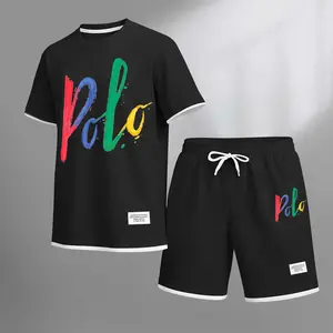 Men's Polo Print Drawstring Shorts Set For Spring/Summer. A Casual Summer Outfit, Including A Short-Sleeved Shirt And Shorts, Suitable For Everyday Wear And Sports. A Two-Piece Set For A Relaxed And Energetic Lifestyle.