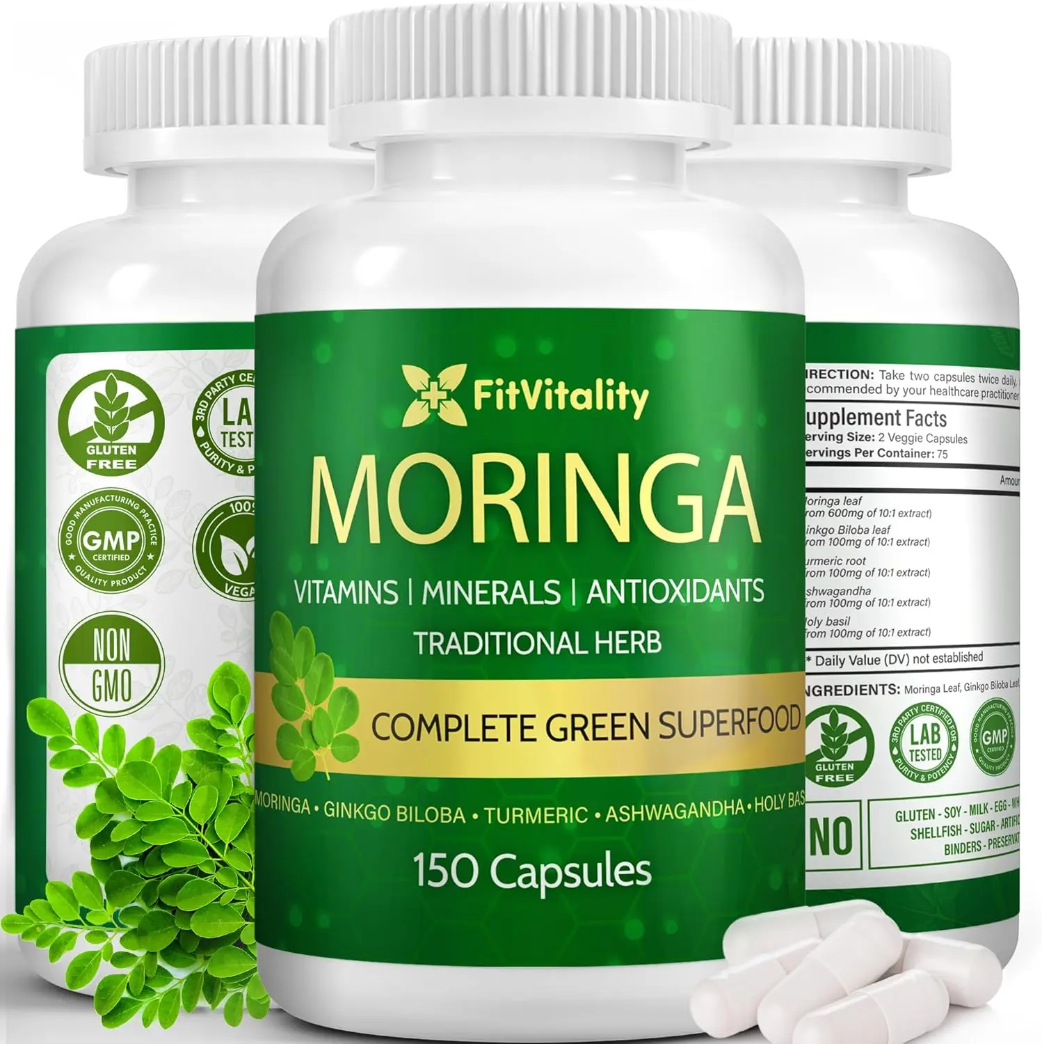 Premium Moringa Capsules | 150 Vegan Capsules | Moringa Oleifera Leaf Extract Powder with Ginkgo Biloba, Ashwagandha, and Holy Basil | Non-GMO, Gluten-Free | 75-Day Supply #Clearance Sale