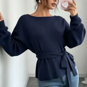 Woman's Navy Knit Sweater Soft Comfortable Warm Crew Neck Drop Shoulder Belted Waist Slim Fit Casual Office Date Travel Autumn Winter Top