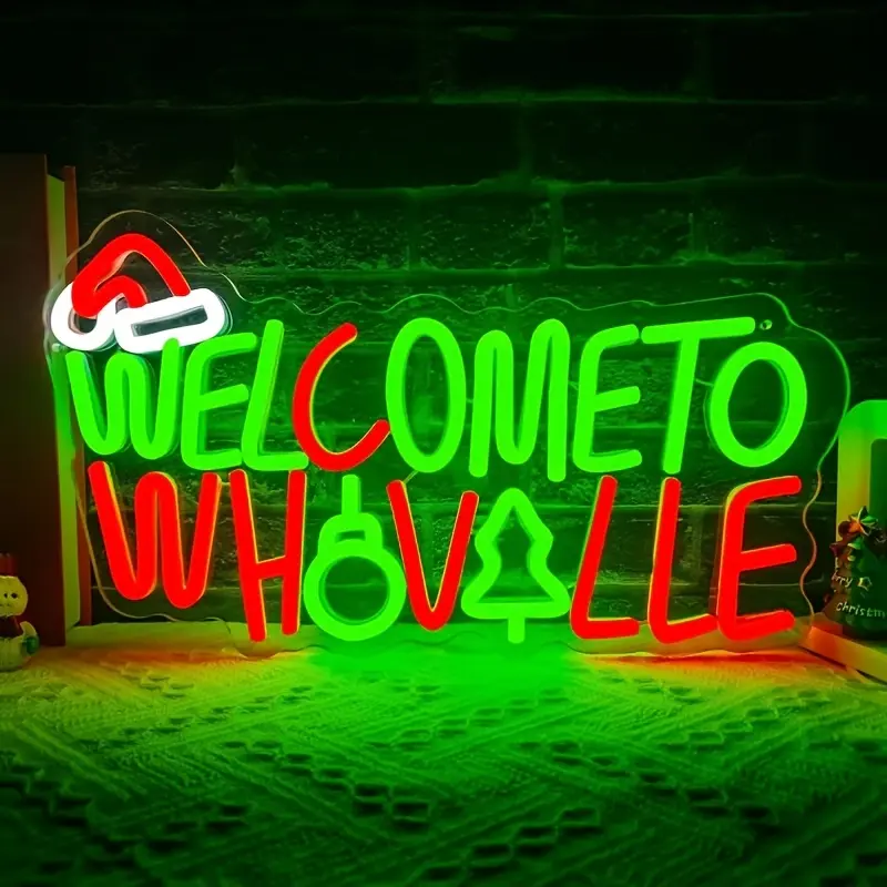Welcome to Whoville Neon Sign Christmas Neon Light Sign LED for Wall Decoration Dimmable Christmas Led Sign for Outdoor Indoor Window Bedroom Wedding Bar Party Gift Decorative Neon Sign Led Ambient Lighting