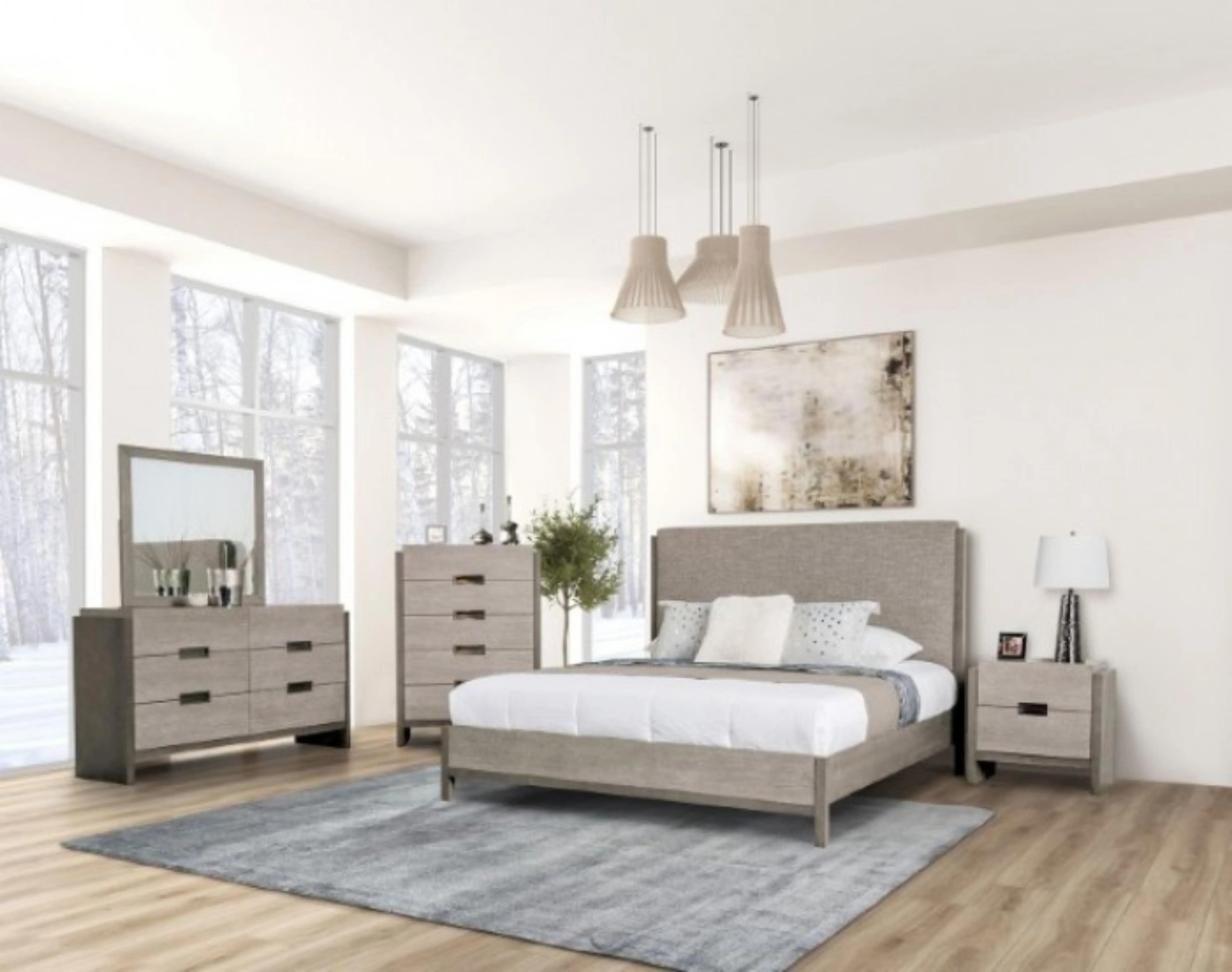 FM7597GY-4PC 4 pc Grimsby Stone Grey Finish Wood Padded Headboard & Footboard Queen Bedroom Set with Nightstand Dresser Mirror