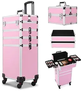 4 in 1 Rolling Makeup Train Case, Large Storage Cosmetic Trolley Makeup Travel Case with Key & Wheels Salon Barber Case Traveling Cart Trunk, Pink