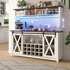 63"W/47"W/31.5"W Farmhouse Coffee Bar Cabinet with LED Light,Wine Bar Cabinet w/ Tier Storage Hutch,Kitchen Buffet Cabinet w/Sliding Barn Door & Wine and Glass Racks for Kitchen Dining Room(Brown/Antique White/Dark Rustic Oak)