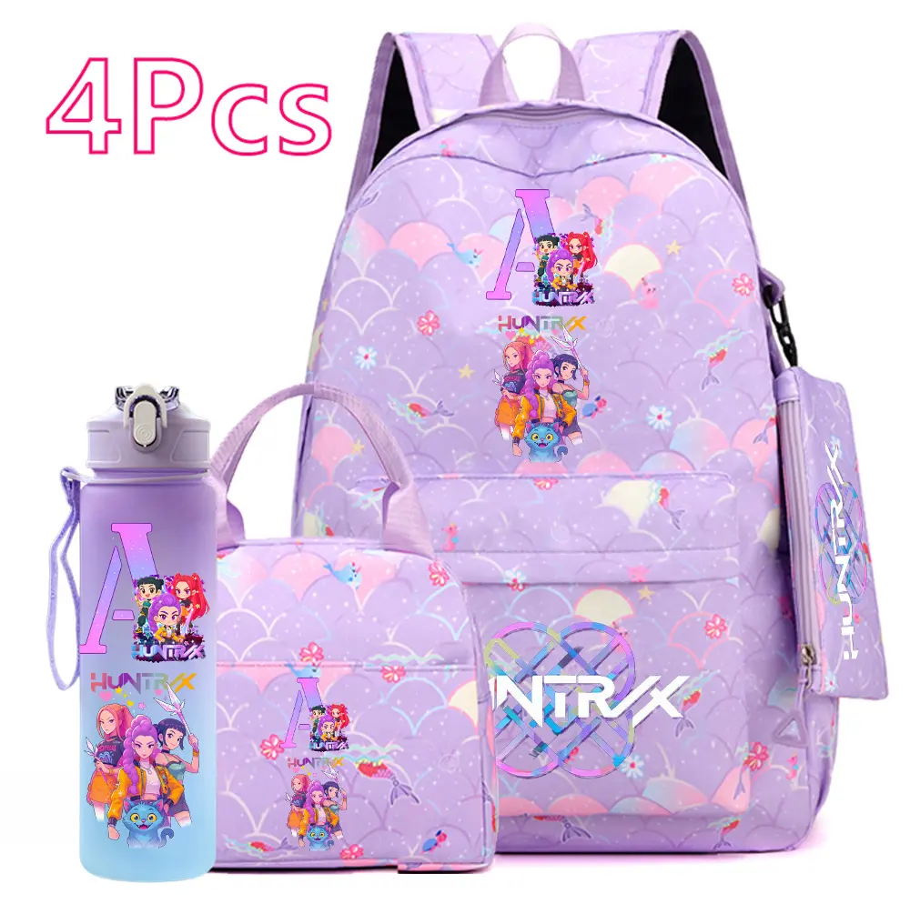 KPOP Demon Hunters 4PCS School Backpack Set – Large Capacity Anime Backpack with Lunch Bag, Pencil Case & Water Bottle for Kids & Teens