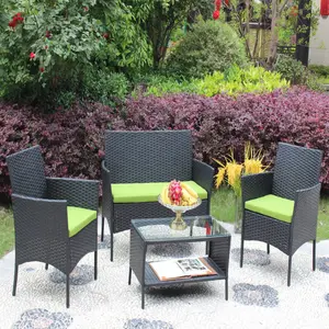 4 Pieces Patio Furniture Set, Outdoor Furniture with Soft Cushion and Glass Table, All Weather Manual Weaving Wicker Rattan Patio Chairs for Garden, Terrace, Porch, Lawn