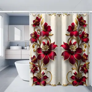 [1pc Red Rose Shower Curtain] Polyester Textile Artwork Curtains, 66x72in Metal Red Rose Printed, High-End Art Style White Background, All-Season Universal Home Bathtub Bathroom Decor with Hooks