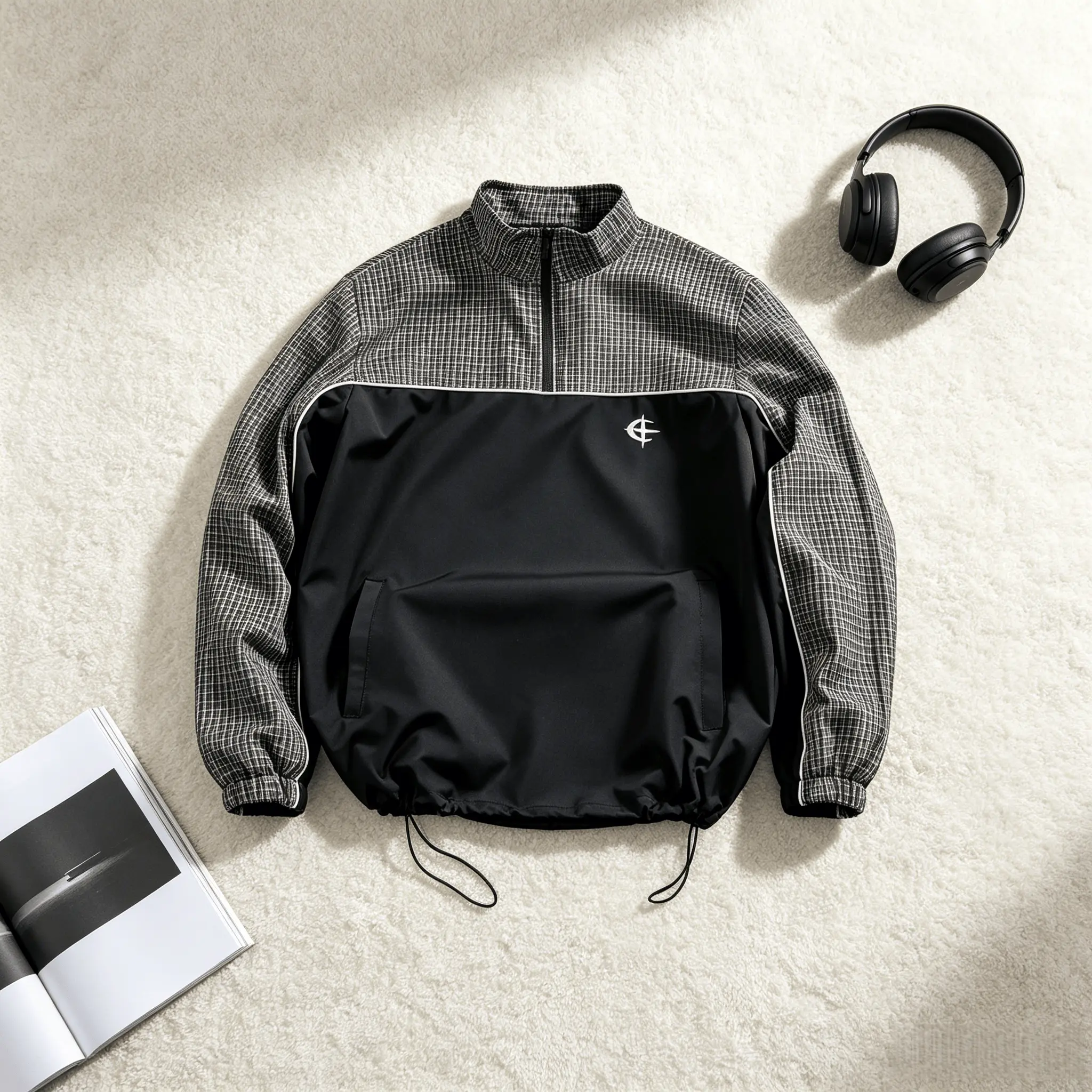 Men's Vintage Plaid Colorblock Half Zip Jacket| 90s Oversized Track Jacket, Retro Streetwear Pullover, Baggy Skater Style, Y2K Fashion Trend, Casual Layering Essential, Viral Outfit 2026 Black Coats, Street Style, Kangaroo Leopard Print Fleece