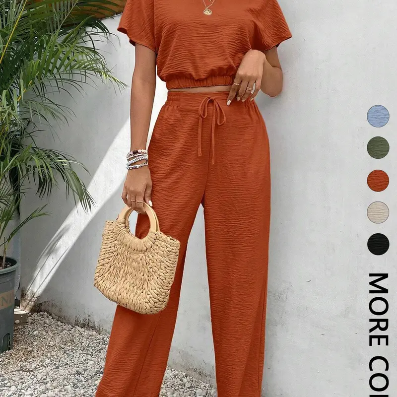 Women's Solid Color Short Sleeve Top & Wide Leg Pants Two-piece Set, Basic Casual Fashion Chic Cozy Everyday Top & Trousers for Daily Outdoor Wear, Ladies Summer Clothes