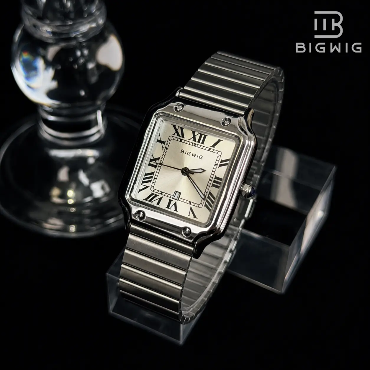 BIGWIG Unisex Classic Square Analog Watch - Stainless Steel Strap, Geometric Design with Roman Numerals and Calendar Display